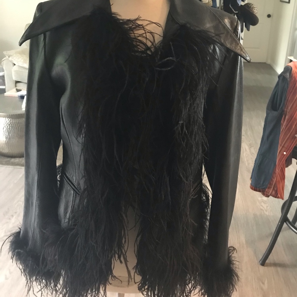 RARE-JOHN RICHMOND BLACK LEATHER OSTRICH FEATHERS